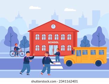 Students walking or using bus or bicycle vector illustration. Cartoon drawing of pupils getting to school on foot, by bus or bike, road in front of school. Education, childhood, transportation concept