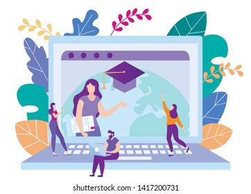 Students Watch Online Training Course on Laptop. Distance Learning. Lesson Online. E-Learning. Man with Laptop. People on Background Book Monitor. Vector Illustration. Teacher on Monitor Screen.