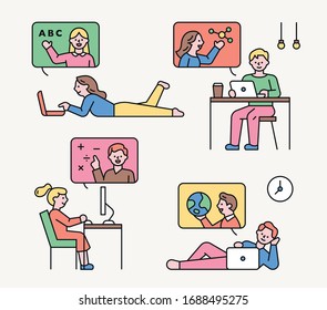 Students are watching the lecture on the Internet. Homeschooling characters. flat design style minimal vector illustration.