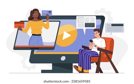 Students watching online lecture. Man looking at woman on screen. Remote education and learning, training. Distant college or university lessons. Flat vector illustration