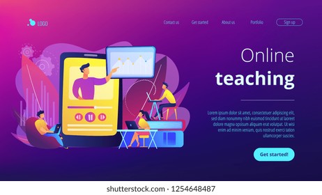 Students watching online training video with teacher and chart on tablet. Online teaching, share your knowledge, english teacher online concept. Website vibrant violet landing web page template.