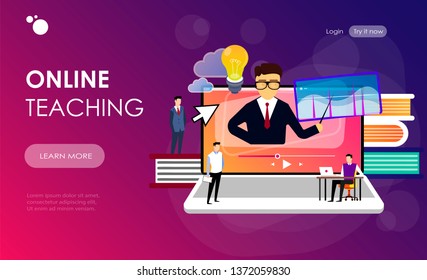 Students watching online training video with teacher and chart on laptop. Online teaching, share your knowledge, english teacher online concept. Website vibrant violet landing web page template.