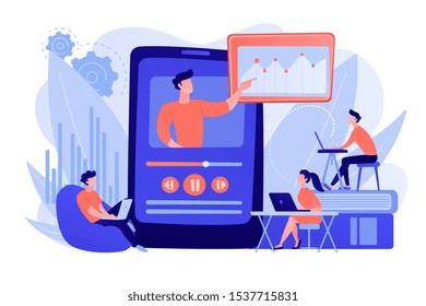 Students Watching Online Training Video With Teacher And Chart On Tablet. Online Teaching, Share Your Knowledge, English Teacher Online Concept. Pinkish Coral Bluevector Isolated Illustration