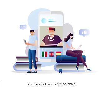 Students Watching Online Tutorial. Podcast Courses, Audio And Video Recording, Recorded Lecture Access Concept. Tutorials, Webinar, E-learning Concept. Vector Illustration. Characters Design.  