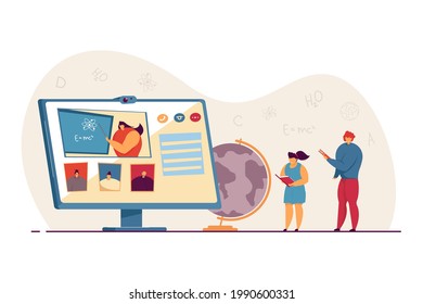 Students watching science online conference or lecture. Tiny children with books, physics teacher on computer screen flat vector illustration. Online education concept for banner, website design