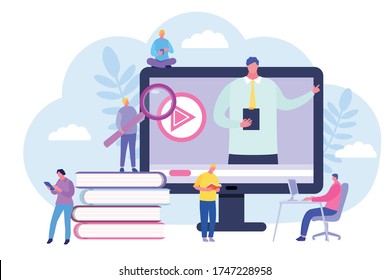 Students watching video tutoria. Online education, web educational video, online courses and training, e-learning concept, violet palette. Vector flat cartoon illustration.