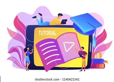 Students watching video tutorial on tablet with player sign. Online education, web educational video, online courses and training, e-learning concept, violet palette. Vector isolated illustration.