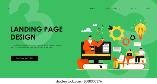 Students watching webinar on computer, studying online. Teacher giving video lecture to audience. Vector illustration for distance education, learning course, distance lesson concept