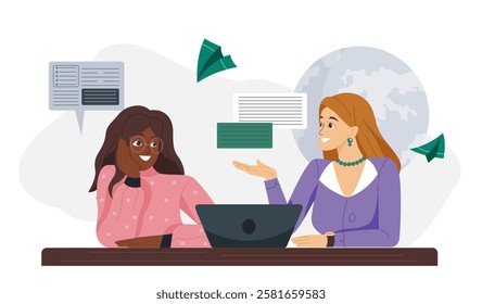 Students watching webinar. Two women sitting with laptop. Remote education and learning, training. Distant college or university lessons and lectures. Flat vector illustration