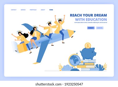 students wear toga and ride pencil, metaphor for reach future dreams with savings and educational scholarship. Can be use for landing page template ui ux web mobile app poster banner website flyer ads