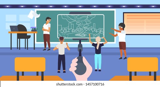 students wearing 3d glasses looking at virtual reality storm tornado through headset vr digital technology concept smartphone screen on selfie stick classroom interior horizontal full length