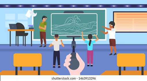 students wearing 3d glasses looking at virtual reality volcano eruption through headset vr digital technology concept smartphone screen on selfie stick classroom interior horizontal full length