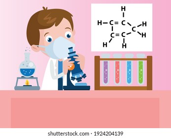 Students wearing facemask learning chemistry in lab cartoon vector concept for banner, website, illustration, landing page, flyer, etc.