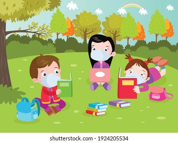 Students wearing facemask learning at park cartoon vector concept for banner, website, illustration, landing page, flyer, etc.