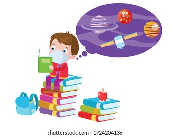 Students wearing facemask reading books cartoon vector concept for banner, website, illustration, landing page, flyer, etc.