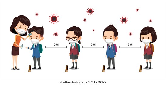 Students wearing masks stand on social distance. The teacher measures children's body temperature and prevents the virus by hand disinfection.