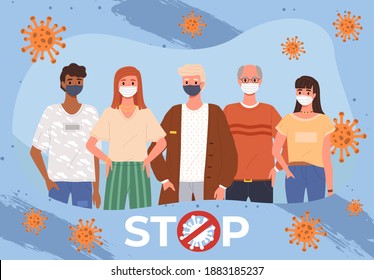 Students are wearing medical masks. People adhere to quarantine regulations. Cartoon characters on the background of coronaviruses, and bacterias, isolation period, flat vector illustration