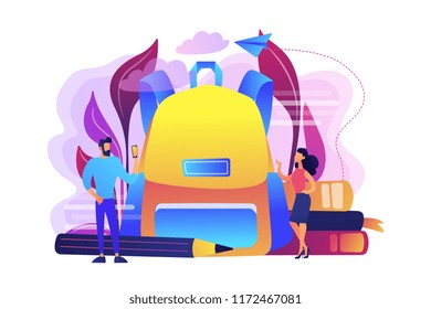 Students wearing new clothes and big backpack, books, pencil. Back to school outfits and trends, new school year fashion and first day of school clothes, violet palette. Vector isolated illustration.