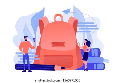 Students wearing new clothes and big backpack, books, pencil. Back to school outfits and trends, new school year fashion and first day of school clothes. Pink coral blue vector isolated illustration.