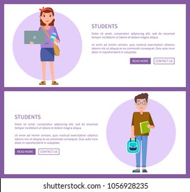 Students web pages design with push buttons read more and contact us, online posters with girl holding laptop and boy in glasses with backpack and book