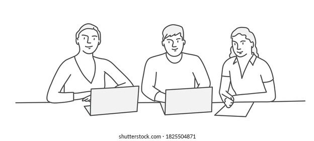 Students at the webinar. Hand drawn vector illustration.