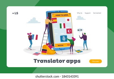 Students Webinar or Online Lesson, Education Landing Page Template. Tiny Characters Learning Foreign Language. People around Huge Smartphone with Educational Application. Cartoon Vector Illustration
