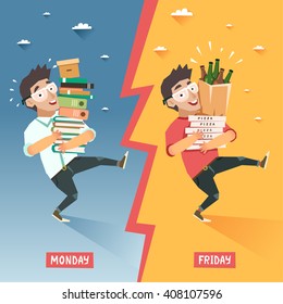 Students week concept. Overwhelmed student with pile of books VS happy relaxing student with pile of pizzas and beer bottles. Vector colorful illustration in flat style