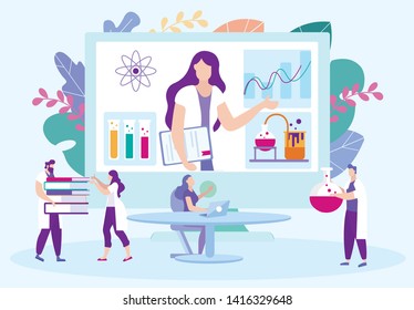 Students in White Coats Studying Chemistry Course. Study Chemistry. Distance Learning. Lesson Online. E-Learning. New Technologies. Vector Illustration. People in Coat. Communication with Teacher.