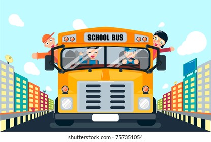 Students who come to school by school bus smiling and waving happily go all the way, Vector-illustration.