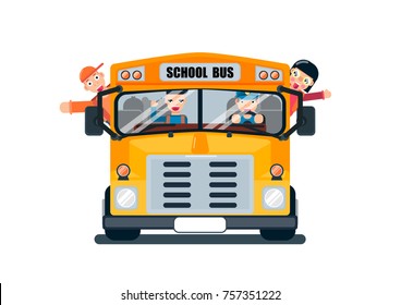 Students who come to school by school bus smiling and waving happily go all the way, Vector-illustration.