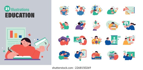 Students who explore, research, and build knowledge on their own. Education content illustration mega set.