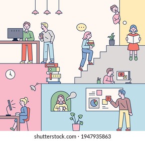 Students who study in a fun space. Space structure with stairs and characters arranged in several places. flat design style minimal vector illustration.