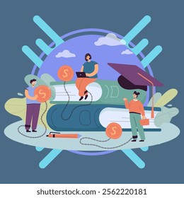 Students without scholarship taking university or college loans. Huge books and coins, money or fee for degree flat vector illustration. Education, finances, economy concept for banner, website design
