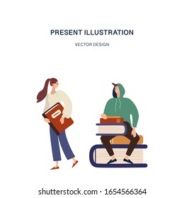 Students woman and man reading, learning and sitting on big books. Study in library. Literature fans or lovers, student, education concept, fair. Vector cartoon illustration.