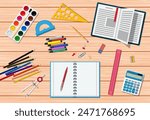 Students wooden desk. School or college education items, studying and educational elements. Note ruler pencil pen book calculator paint eraser sharpener. Back to school. Vector illustration flat style