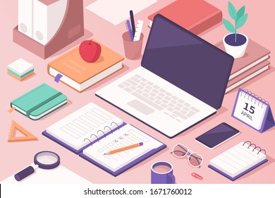 
Students Work Desk with Educational Supplies. Laptop, Smartphone, Books, Exercise Books and other Stuff for Learning. Office Workplace. Online Education Concept. Flat Isometric Vector  Illustration.