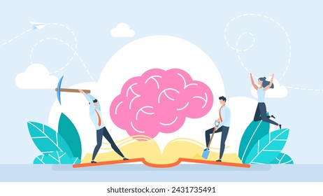 Los estudiantes trabajan duro para adquirir conocimientos. Concepto de conocimiento, lluvia de ideas, lectura. Proceso de aprendizaje, proceso cerebral, creatividad, innovación, aprender a pensar. Ilustración de vector