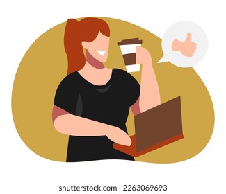 students, workers doing assignments with laptops while enjoying and liking coffee. concept of cafe, drinks, people, cafe. flat vector graphic design.