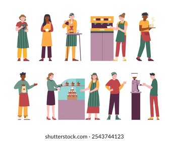 Students working in coffee shop. Girl boy cook coffee, espresso americano and sell sweet fresh bakes, cakes and muffins. Splendid vector characters