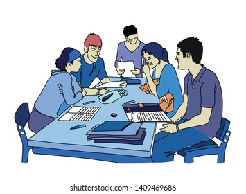 
Students working funny and busy in a group class. Vector illustration in blue tones.