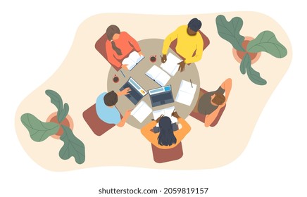 Students working in group. Distance learning. Top view of teenagers preparing for lessons. Teamwork, people think about presentation. Cartoon flat vector illustration isolated on white background