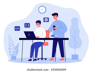 Students working on online project. Young men using laptop and mobile phone. Flat vector illustration. Modern technology, education, startup concept for banner, website design or landing web page