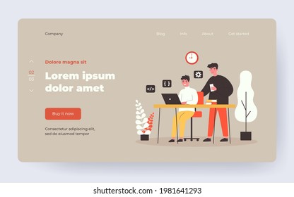 Students working on online project. Young men using laptop and mobile phone. Flat vector illustration. Modern technology, education, startup concept for banner, website design or landing web page