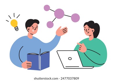 Students working on a project together, discussing ideas, researching in books and on a laptop. Vector illustration in flat cartoon style, highlighting teamwork, education, and academic collaboration