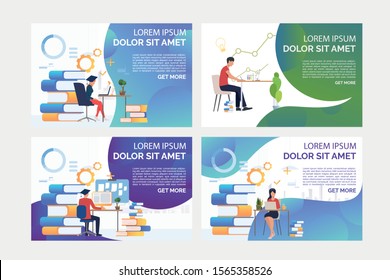 Students working on projects set. Men and women sitting near stacks of books and using laptop. Flat vector illustrations. Education, studying concept for banner, website design or landing web page