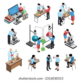 Students working in school science lab on chemical experiments isometric set isolated on white background vector illustration