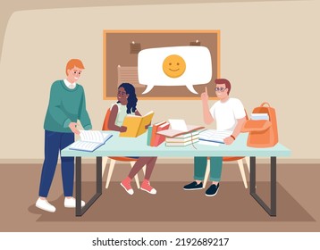 Students working together upon project flat color vector illustration. Cooperation for result. Education process. Fully editable 2D simple cartoon characters with auditorium on background