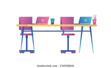 Students ' workplace background. Modern illustration slider site page. Students learn at desktops web banner. Table for easy learning concept. Table and chairs for effective work vector image design.