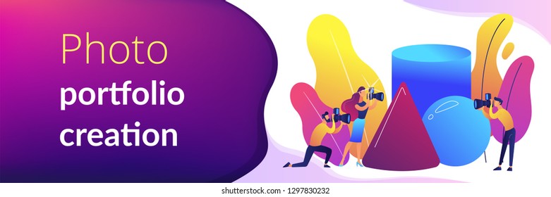 Students at workshop practicing taking photos of geometric objects. Photography workshop, post-processing workshop, photo portfolio creation concept. Header or footer banner template with copy space.