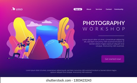 Students at workshop practicing taking photos of geometric objects. Photography workshop, post-processing workshop, photo portfolio creation concept. Website vibrant violet landing web page template.